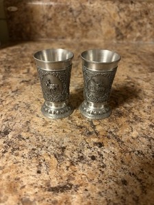 Vintage WMF Zinn Pewter Stag Goblet Germany Hunting Scene Cup 3.75" Set Of 2