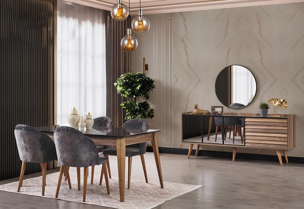 Komplette Braune Esszimmer Garnitur Esstisch 4X StüHle Sideboard 7Tlg-image