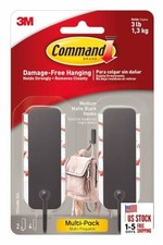 Medium Wall Hook, 2 Coat Hooks and 4 Strips, Damage-Free Hanging Matte Black