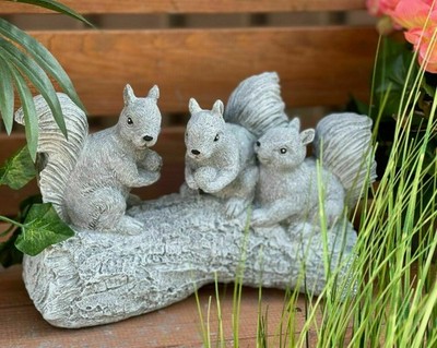 Frostfeste Steinfigur 3 Eichhörnchen auf Baumstamm Gartenfigur Steinguss