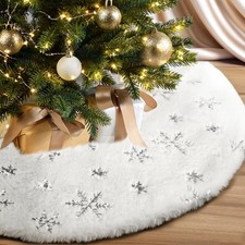 Faux Fur Christmas Tree Skirt with Silver Sequin Snowflakes 30 Inch White Plush
