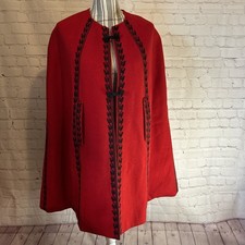 Vintage Classic Red Wool Cape W/ Black Embroidered Accent Fully Lined Arm Openin