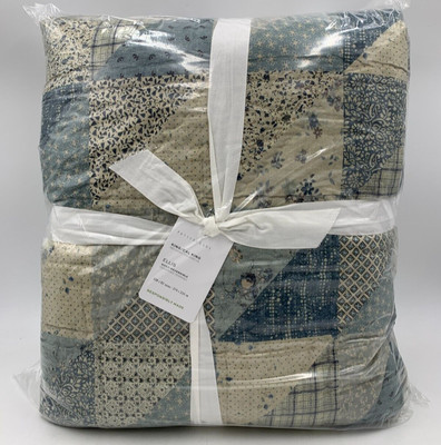 Pottery Barn Ellis Reversible American Patchwork Quilt Blue King Cal King #A7B