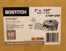 Bostitch C10P120D Box of 2700 of 3" Smooth Shank 15º Coil Framing Nails New