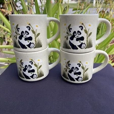 4 Vintage Otagiri Japan Panda Bear & Daisy Tan Specked Coffee Cups Mugs * XLNT!