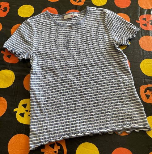 SO Brand Lettuce Edge Tee Ribbed Knit Short Sleeve Blue Striped Women's Small