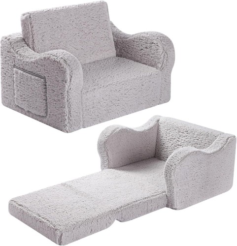 2-in-1 Toddler Soft Sherpa Couch Fold Out, Convertible Sofa to Lounger