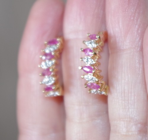 Genuine Ruby & Diamond Hoop Earrings 14k over Sterling - Picture 7 of 13
