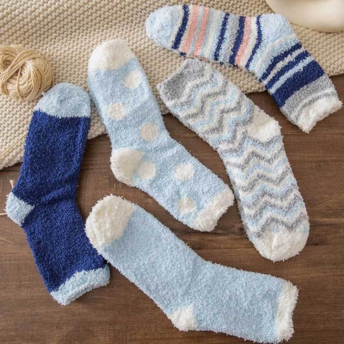 Women Autumn And Winter Striped Polka Dot Coral Fleece Warm Thick Home Socks - Picture 15 of 36
