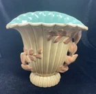 Vtg Red Wing Pottery 1102 Turquoise Beige Pink Leaf Handles Ribbed 8 in Fan Vase