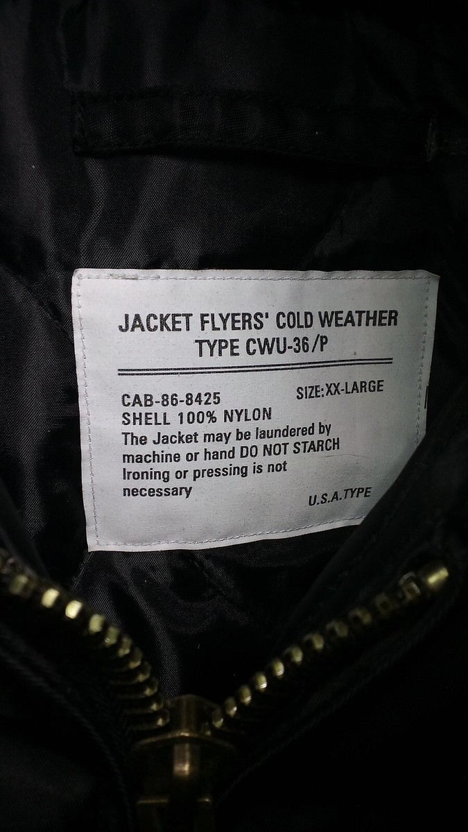 Flyer's Cold Weather XXL CWU-36/P Black Nylon Jacket, Size Flyer's Cold Weather XXL CWU-36/P Black Nylon Jacket, Size