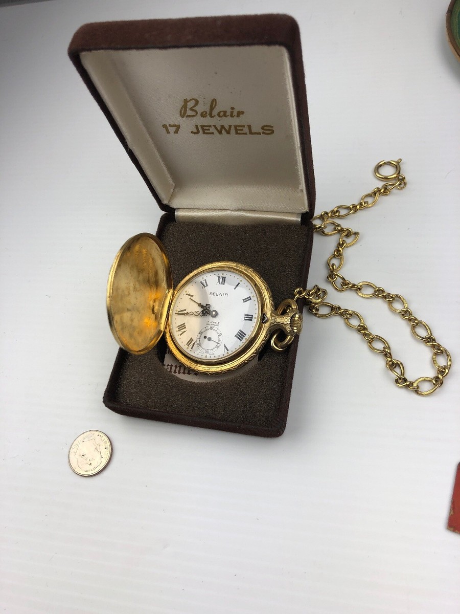 Vintage Belair Pocket Watch Chain 17 Jewel Gold Tone Hunters w/ Case