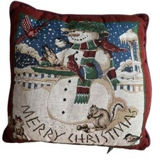 Winter- Snowman w/ Merry Christmas, Wild Birds, Squirrels, Tapestry Pillow