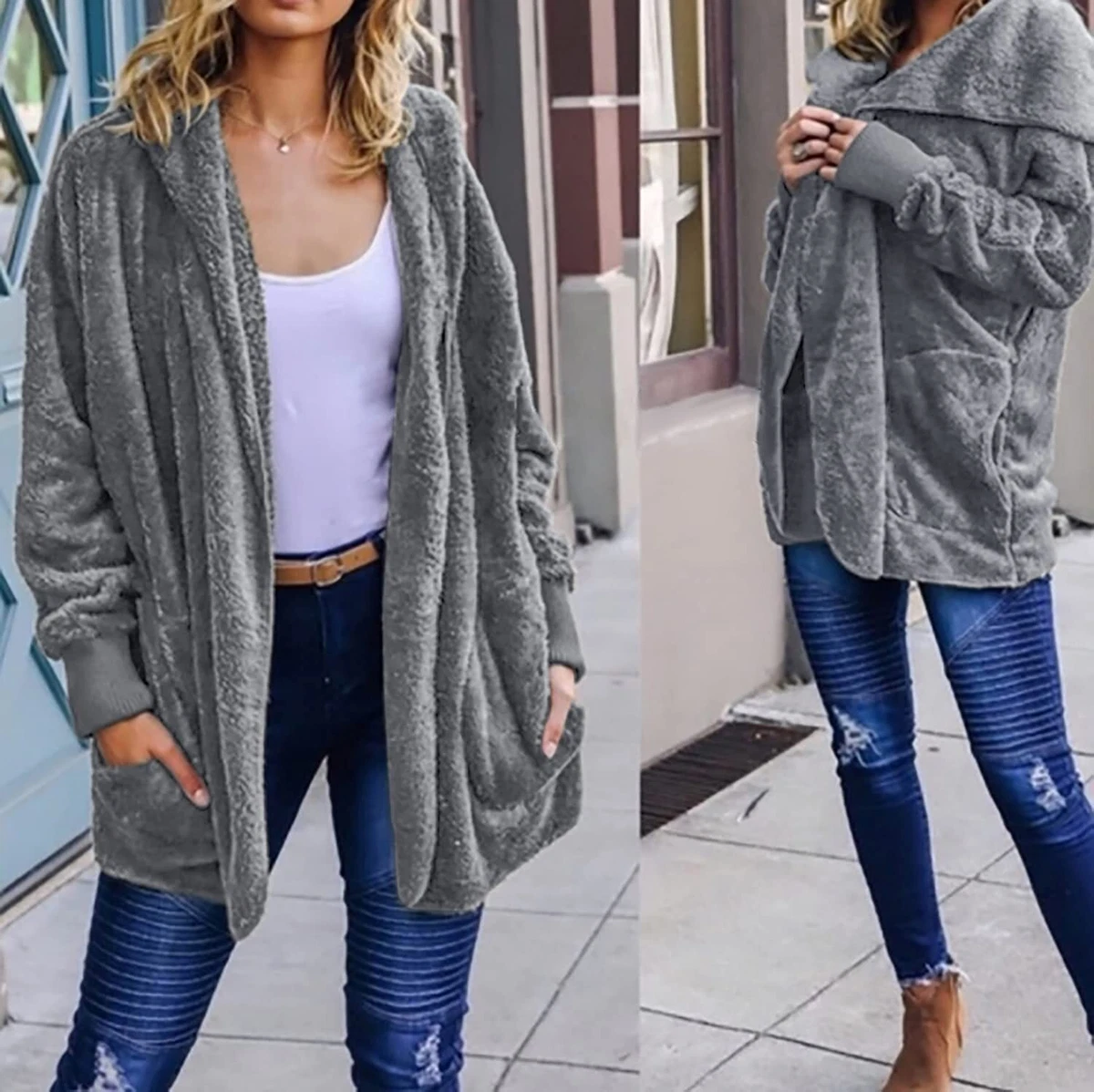 Womens Fuzzy Jacket Hooded Cardigan Open Front Sherpa Coat Outwear with  Pockets