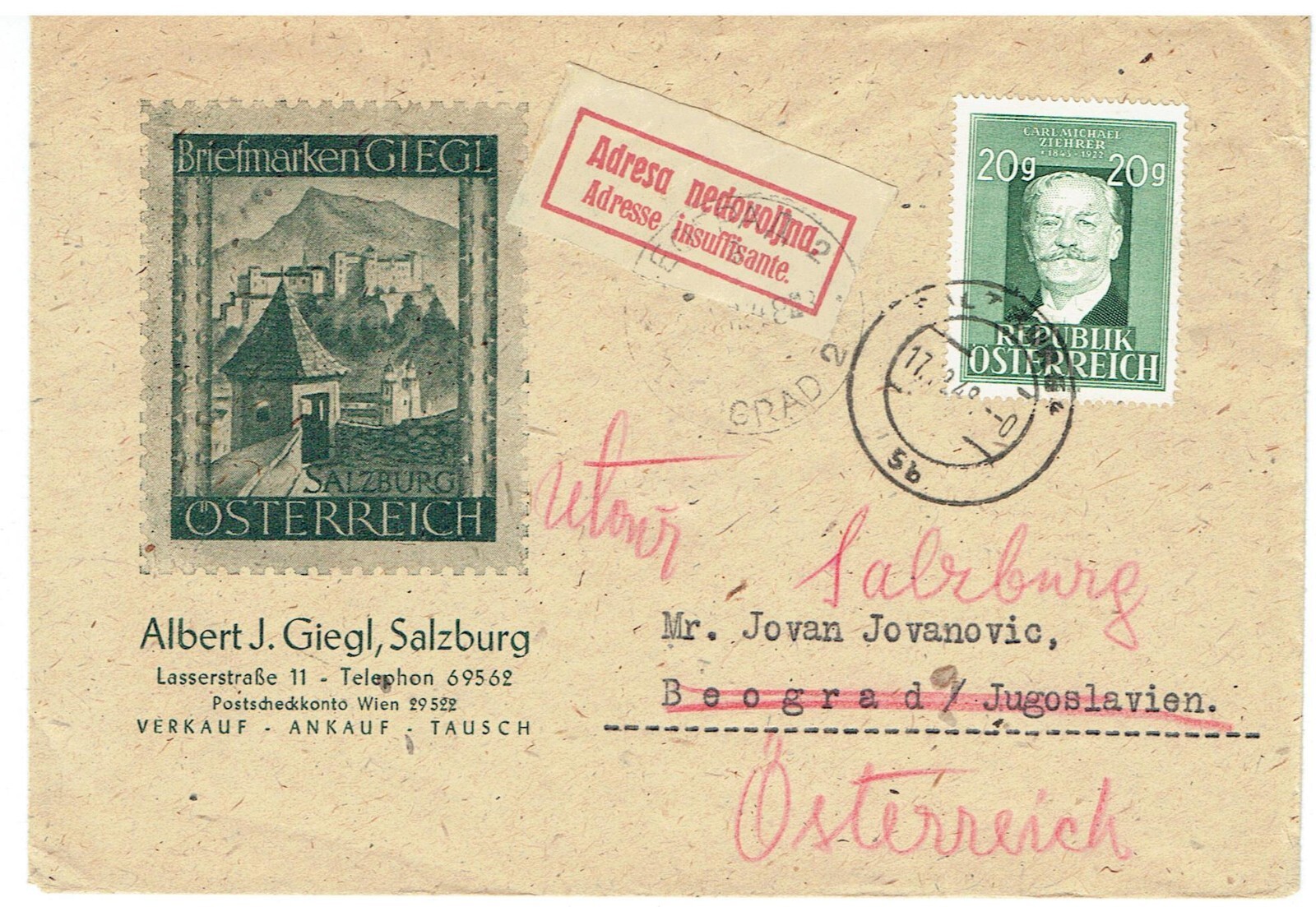 Austria 1949 advert Cover to Yugoslavia returned Insufficient Address