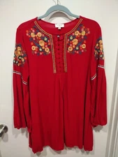 Umgee Women's Embroidered Red Tunic Top Mini Dress Sz M-Boho Festival Holiday 