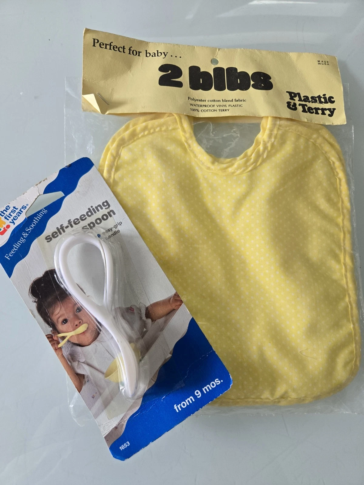 Vintage 2pk Of Terry Baby Bibs & The 1st yrs Self Feeding Spoon