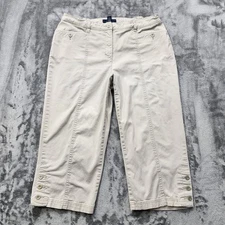 Karen Scott Pants Womens 12 Beige Khaki Crop Capri Button Hem Causal Stretch