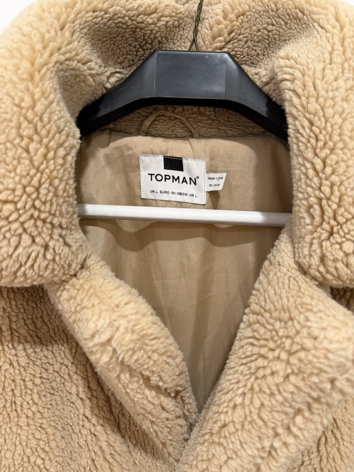 Topman Man’s Beige Borg Fleece Long Overcoat Button Front Pockets L Chest 40-42 - product detail image 9