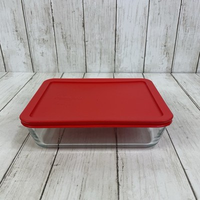 Pyrex 6-cup Rectangle Glass Food Storage Container 7211 with Red Plastic Lid