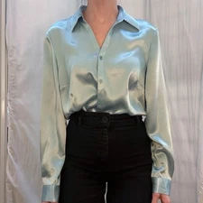 Light Blue Shimmery Satin Button Down Blouse By JM Collection Women’s Medium