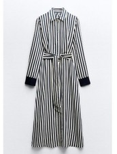 ZARA STRIPED MIDI SHIRT DRESS LONG BELTED NAVY SIZE XS NEW