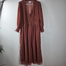 ASOS DESIGN Brown Swiss Dot Ruffle V Neck Long Sleeve Maxi Dress Plus Size