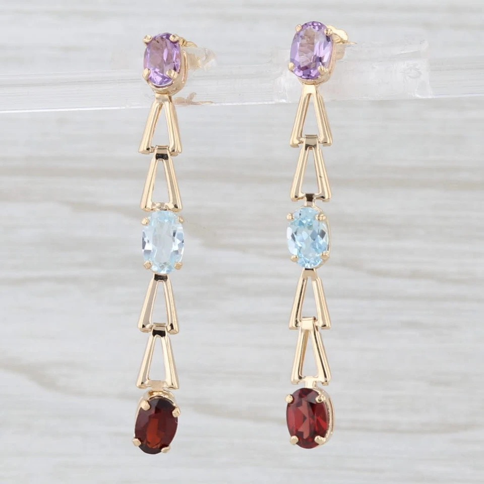 3ctw 3-Stone Journey Dangle Earrings 14k Gold Topaz Amethyst Garnet - Image 3 of 4