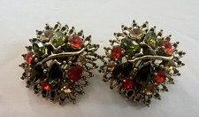 VTG CLIP EARRINGS Colorful Faux Stones Set In Floral Pattern Costume Jewelry