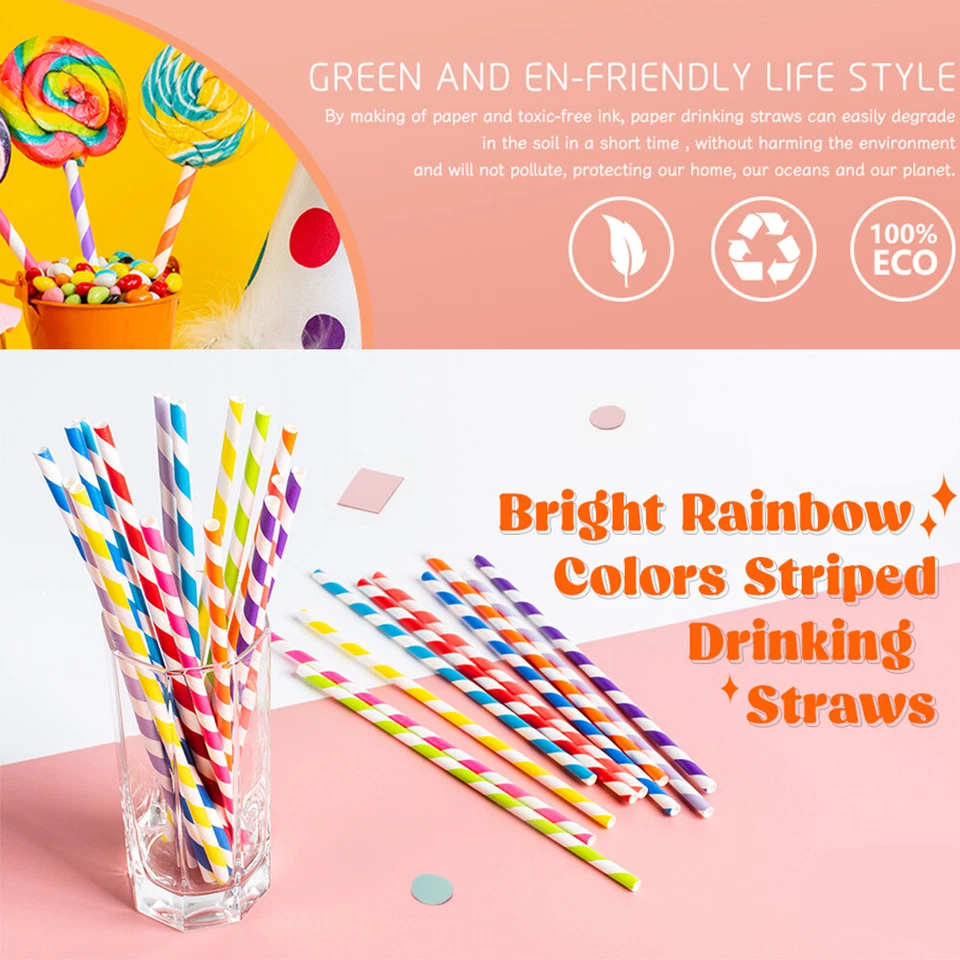2000pcs AU Colourful Paper Drinking Straws FOIL Metallic Striped BULK DISCOUNT - image 2 of 4