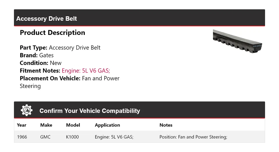 Para GMC K1000 1966 5L V6 GAS Accesorio Ventilador de correa de transmisión y puertas de dirección asistida Foto 2 de 4