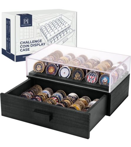 ✨Large Black Wooden Challenge Coin Display Case with Clear Cover Parkway Home - Afbeelding 1 van 8