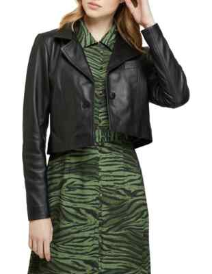 Black Leather Blazer Women Pure Lambskin Cropped one Button Size XS S M L XL-109