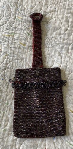 ANTIQUE ART DECO BEADED FRINGED PURSE RED CARNIVAL