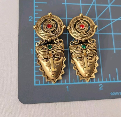 Conjunto de Máscara Tribal Vintage Tono Dorado Broche Pendientes Guerrero Azteca Estrás - Imagen 9 de 11