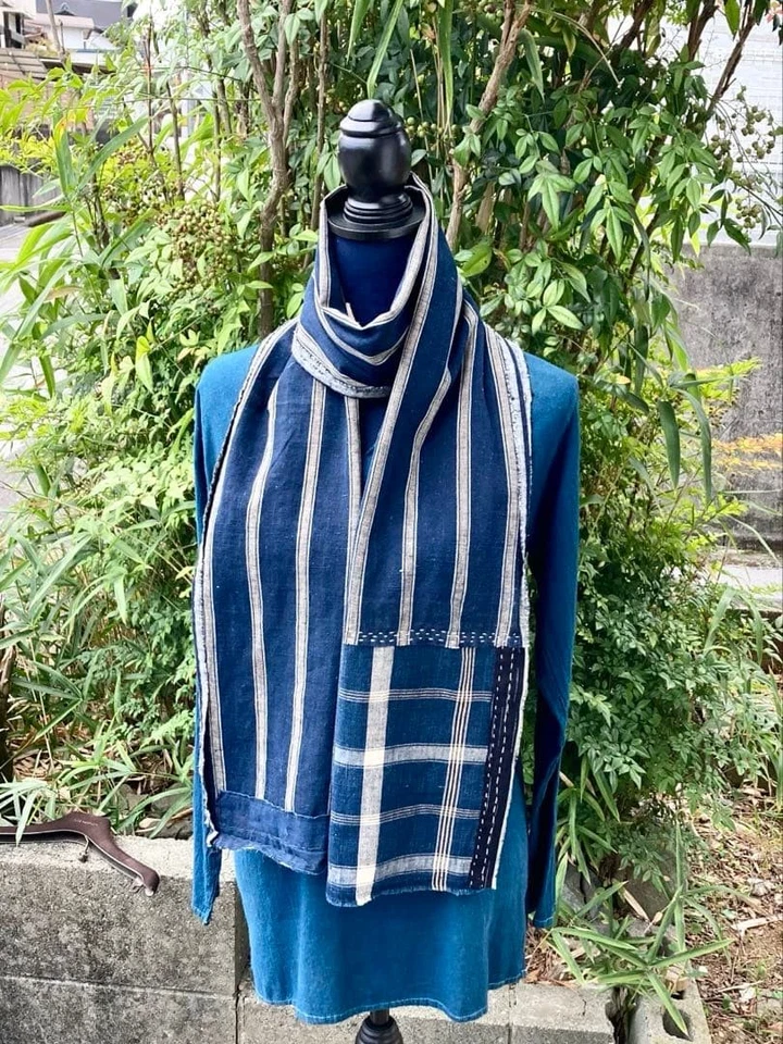 Bufanda BORO Indigo Patchwork 76.8" Cosida a Mano Sashiko Algodón Japonés De Colección Foto 3 de 4