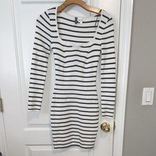 Divided by H&M White Black Striped Knit Square Neck Long Sleeve Bodycon Dress S