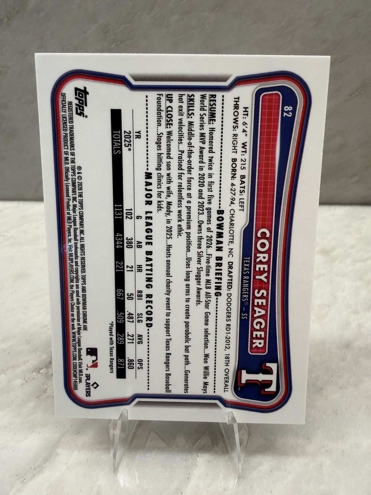 2026 Bowman Chrome Corey Seager Gold Refractor /75 #82 Rangers view 2