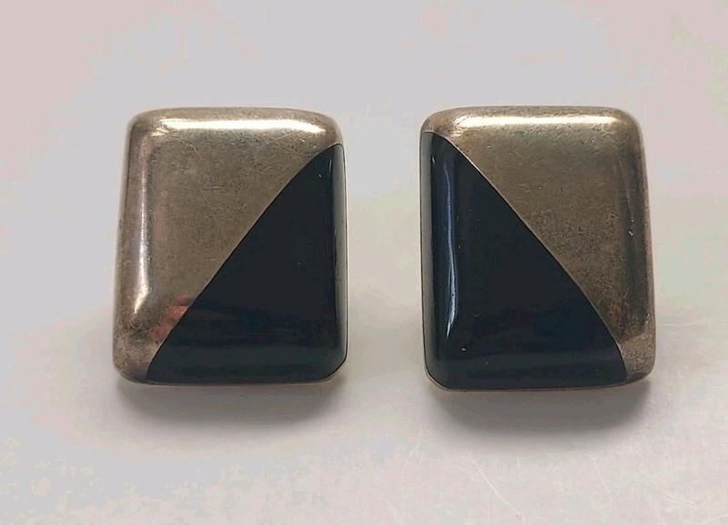 Vintage 1960-70s Mexican Modernist 925 Sterling Silver Onyx Pierced Earrings Exc