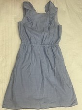 J.CREW Blue Solid Cotton A-Line Dress Ruffle Sleeveless Scoop Neck Knee 2