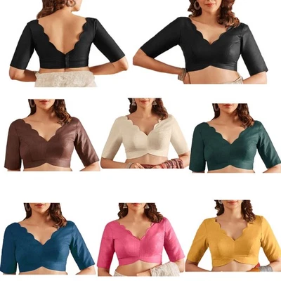 Way2Like Scallop V-Neck Linen Saree Blouse Readymade Stitched Padded Sari Choli