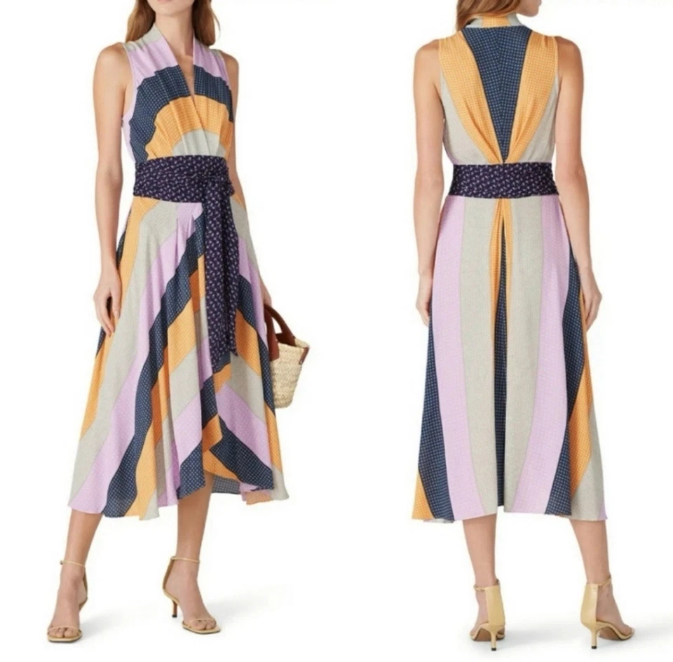Nicole Miller Collection Midi Dress Size M Pastel Stripe Sleeveless NO TIE BELT - Image 2 of 4