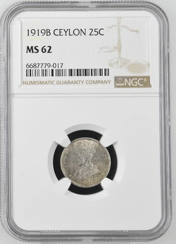 Ceylon 25 Cents 1919B NGC MS 62