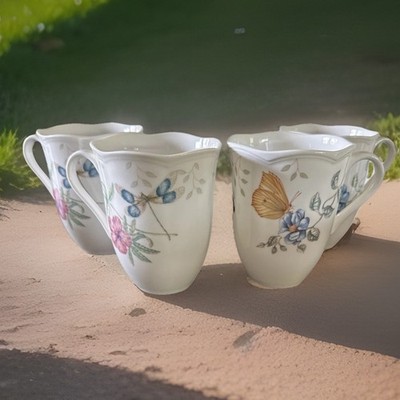 LENOX Butterfly Meadow  Dragonfly  Set of 4 Coffee Cups, Tea Cocoa Mug Vintage