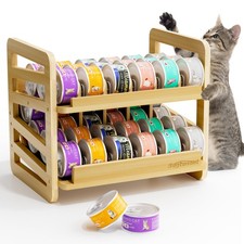 Rolling Bamboo Cat Food Can Organizer, 2-Layer Wet Cat Food Storage Container Ho