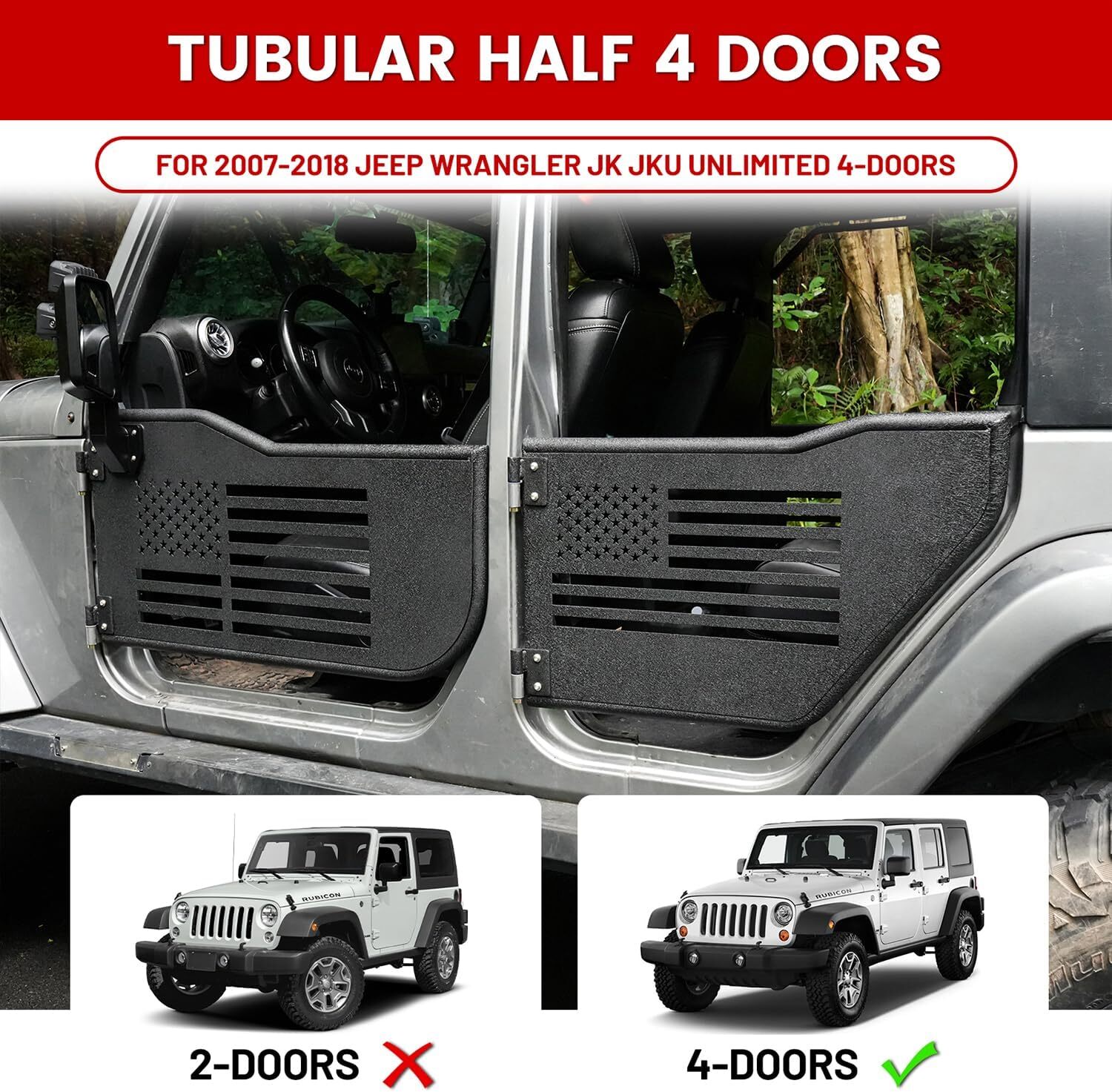 Off-Road Tubular Doors for 2007-2018 Jeep Wrangler JK 4 Door with Side Mirrors thumbnail 8
