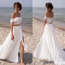 Elegant White Wedding Dress 2Pcs Lace Appliques Off Shoulder A-Line Bridal Gowns