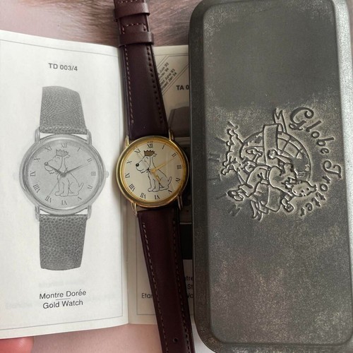 Tintin Watch With Case Vintage Leather Belt Brown Gold Rare Japan Free Shipping - Picture 2 of 8