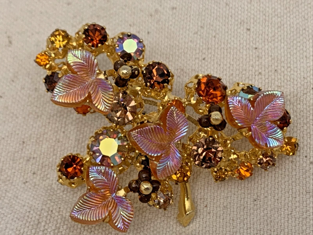 VTG KRAMER AUSTRIA BROOCH PIN RHINESTONE MOLDED GLASS SIGNED