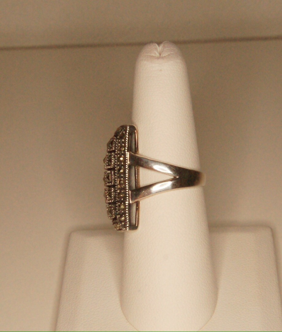Sterling Silver Large Rectangle Marcasite Pave Ri… - image 5